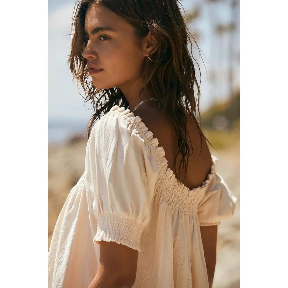 Free People Free Est Mila Mini Dress Smocked Puff Sleeves Striped XS 287944
